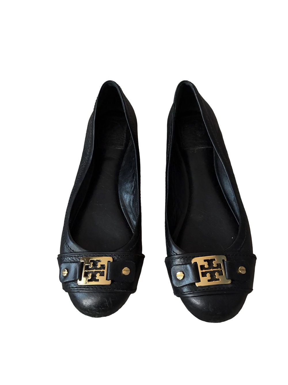 Tory Burch Black Leather Logo Ballerina Flats with Gold Emblem